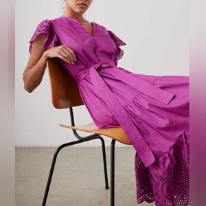 Rails Gia Magenta Berry Eyelet Cotton Flutter Sleeve Midi Dress XS EUC